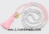 GMN6202 Knotted rose quartz & white howlite 108 beads mala necklace with tassel & charm