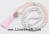 GMN6203 Knotted matte rose quartz & white howlite 108 beads mala necklace with tassel & charm