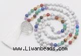 GMN6221 Knotted 7 Chakra white howlite 108 beads mala necklace with tassel & charm