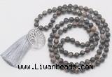 GMN6231 Knotted 8mm, 10mm grey opal 108 beads mala necklace with tassel & charm