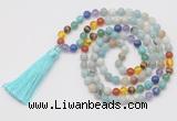 GMN6239 Knotted 7 Chakra 8mm, 10mm amazonite 108 beads mala necklace with tassel