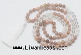 GMN6254 Knotted 8mm, 10mm sunstone, white crystal & white jade 108 beads mala necklace with tassel