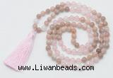 GMN6255 Knotted 8mm, 10mm sunstone, rose quartz & white jade 108 beads mala necklace with tassel