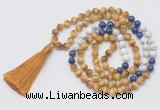 GMN6257 Knotted 8mm, 10mm golden tiger eye, lapis lazuli & matte white howlite 108 beads mala necklace with tassel