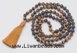 GMN6258 Knotted 8mm, 10mm yellow tiger eye, garnet & smoky quartz 108 beads mala necklace with tassel