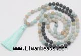 GMN6263 Knotted 8mm, 10mm matte amazonite & black lava 108 beads mala necklace with tassel