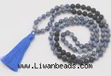 GMN6264 Knotted 8mm, 10mm blue spot stone & black lava 108 beads mala necklace with tassel