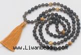 GMN6269 Knotted 8mm, 10mm black lava, smoky quartz & golden tiger eye 108 beads mala necklace with tassel