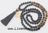 GMN6311 Knotted 8mm, 10mm matte black agate & yellow tiger eye 108 beads mala necklace with tassel & charm