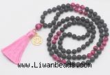 GMN6316 Knotted black lava & red tiger eye 108 beads mala necklace with tassel & charm