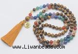 GMN6323 Knotted 7 Chakra yellow tiger eye 108 beads mala necklace with tassel & charm