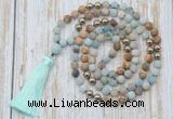 GMN6344 Knotted 8mm, 10mm matte amazonite & picture jasper 108 beads mala necklace with tassel