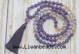 GMN6353 Knotted 8mm, 10mm amethyst, citrine & white crystal 108 beads mala necklace with tassel