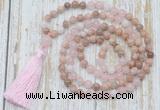 GMN6355 Knotted 8mm, 10mm sunstone, rose quartz & white jade 108 beads mala necklace with tassel