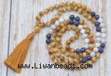 GMN6357 Knotted 8mm, 10mm golden tiger eye, lapis lazuli & matte white howlite 108 beads mala necklace with tassel