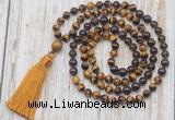 GMN6358 Knotted 8mm, 10mm yellow tiger eye, garnet & smoky quartz 108 beads mala necklace with tassel