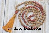 GMN6360 Knotted 8mm, 10mm picture jasper & red jasper 108 beads mala necklace with tassel