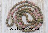 GMN6448 Hand-knotted 8mm, 10mm matte unakite & pink wooden jasper 108 beads mala necklaces