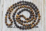 GMN6458 Knotted 8mm, 10mm yellow tiger eye, garnet & smoky quartz 108 beads mala necklaces