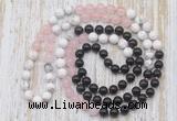 GMN6462 Hand-knotted 8mm, 10mm black agate, rose quartz & white howlite 108 beads mala necklaces