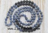 GMN6464 Hand-knotted 8mm, 10mm blue spot stone & black lava 108 beads mala necklaces