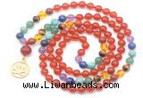 GMN6486 Knotted 7 Chakra 8mm, 10mm red agate 108 beads mala necklace with charm