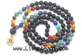 GMN6488 Knotted 7 Chakra 8mm, 10mm black lava 108 beads mala necklace with charm