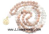 GMN6500 Knotted 8mm, 10mm sunstone, white crystal & white jade 108 beads mala necklace with charm