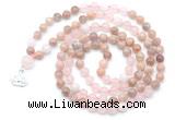 GMN6501 Knotted 8mm, 10mm sunstone, rose quartz & white jade 108 beads mala necklace with charm