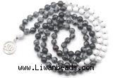 GMN6505 Knotted 8mm, 10mm snowflake obsidian, garnet & matte white howlite 108 beads mala necklace with charm