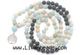 GMN6509 Knotted 8mm, 10mm matte amazonite & black lava 108 beads mala necklace with charm