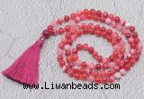 GMN674 Hand-knotted 8mm, 10mm red banded agate 108 beads mala necklaces with tassel