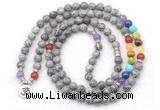 GMN7095 7 Chakra 8mm grey picture jasper 108 mala beads wrap bracelet necklaces