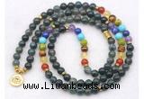 GMN7116 7 Chakra 8mm moss agate 108 mala beads wrap bracelet necklaces