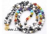 GMN7120 7 Chakra 8mm black & white jasper 108 mala beads wrap bracelet necklaces