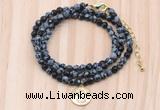 GMN7522 4mm faceted round tiny snowflake obsidian beaded necklace with letter charm