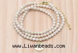 GMN7524 4mm faceted round tiny white fossil jasper beaded necklace with letter charm