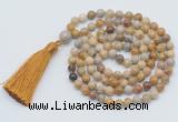 GMN796 Hand-knotted 8mm, 10mm fossil coral 108 beads mala necklace with tassel