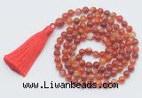 GMN799 Hand-knotted 8mm, 10mm red banded agate 108 beads mala necklace with tassel