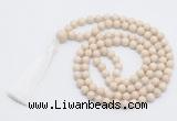 GMN815 Hand-knotted 8mm, 10mm white fossil jasper 108 beads mala necklace with tassel