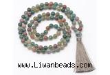 GMN8407 8mm, 10mm Indian agate 27, 54, 108 beads mala necklace with tassel