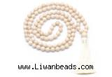 GMN8414 8mm, 10mm white fossil jasper 27, 54, 108 beads mala necklace with tassel