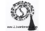 GMN8420 8mm, 10mm black & white jasper 27, 54, 108 beads mala necklace with tassel