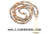 GMN8445 8mm, 10mm matte yellow crazy agate 27, 54, 108 beads mala necklace with tassel