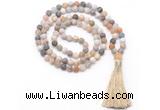 GMN8446 8mm, 10mm matte bamboo leaf agate 27, 54, 108 beads mala necklace with tassel