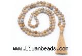 GMN8447 8mm, 10mm matte fossil coral 27, 54, 108 beads mala necklace with tassel