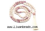 GMN8550 8mm, 10mm white fossil jasper & pink wooden jasper 108 beads mala necklace with tassel