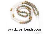 GMN8553 8mm, 10mm unakite, white jade & hematite 108 beads mala necklace with tassel