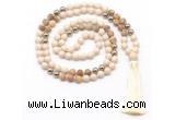 GMN8555 8mm, 10mm white fossil jasper, picture jasper & hematite 108 beads mala necklace with tassel