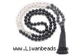 GMN8560 8mm, 10mm black labradorite, matte rose quartz & black agate 108 beads mala necklace with tassel